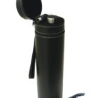 A black leather wine carrier with a lid open, revealing a wine bottle neck. It has a stitched handle on the side. A metal corkscrew is placed in front of the carrier.