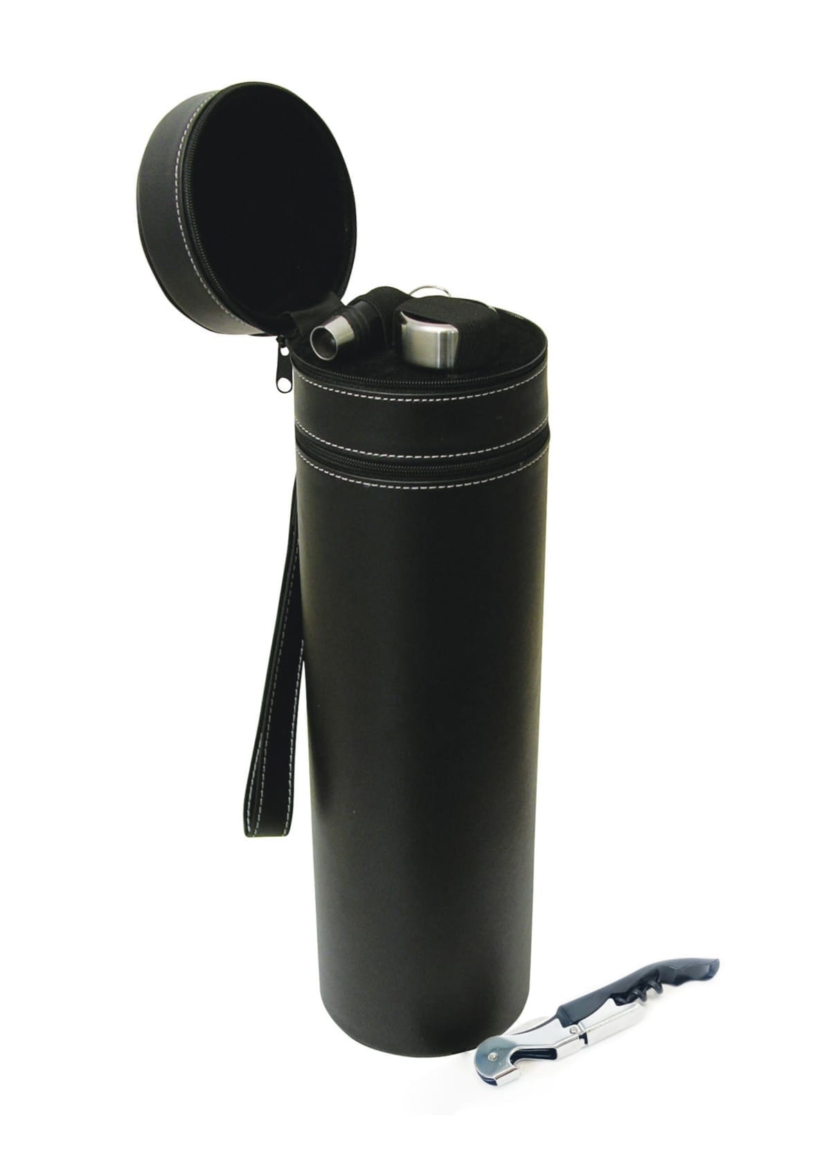 A black leather wine carrier with a lid open, revealing a wine bottle neck. It has a stitched handle on the side. A metal corkscrew is placed in front of the carrier.