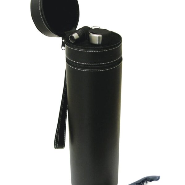 Black cylindrical wine carrier with a zipper and strap, containing a bottle and an opener. A separate corkscrew with a handle is placed in the foreground.