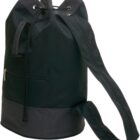 A black drawstring duffel bag with a long strap and a zippered pocket on the side. The base has a textured, dark material. The top cinches with black cords threaded through metal eyelets.