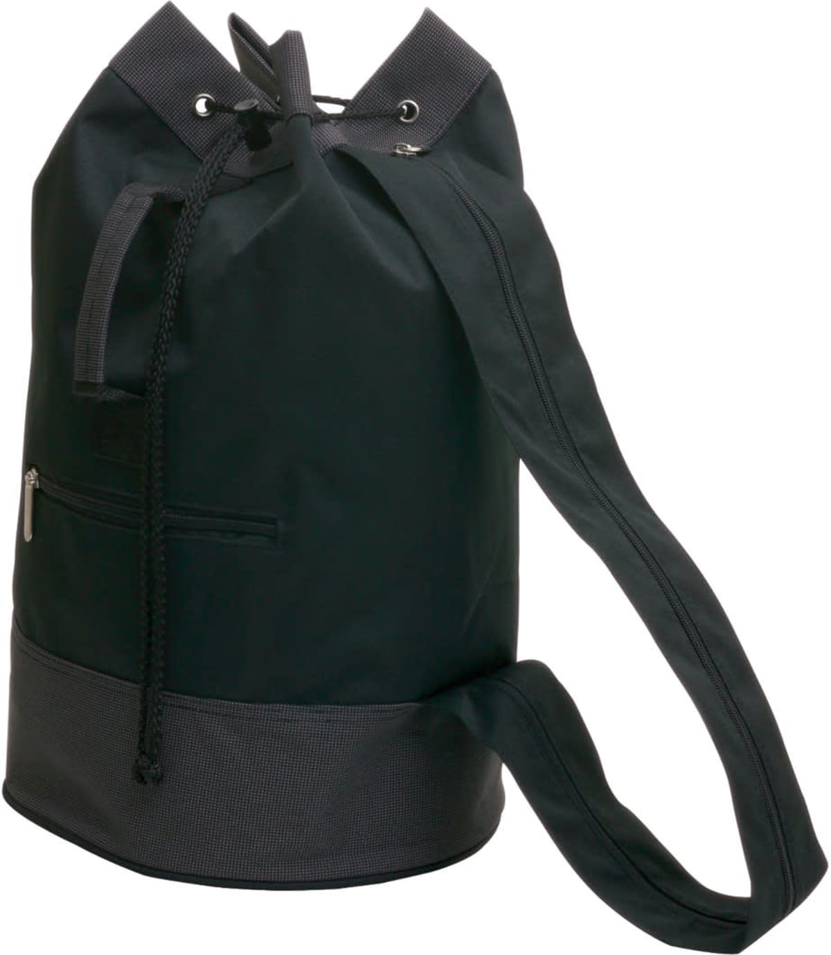 A black drawstring duffel bag with a long strap and a zippered pocket on the side. The base has a textured, dark material. The top cinches with black cords threaded through metal eyelets.