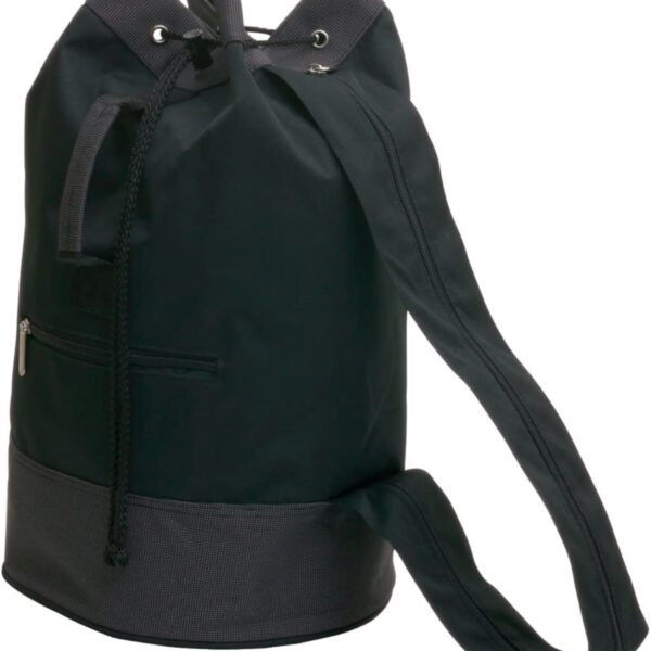 A large black duffel bag with a drawstring closure and a single long shoulder strap. The bag has a zippered pocket on the front and a reinforced bottom section in a contrasting darker shade.