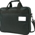 A black laptop bag with two handles and an adjustable shoulder strap. It features a rectangular label holder on the front. The bag has a zippered closure and a simple, professional design.