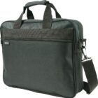 Black fabric laptop bag with two handles and an adjustable shoulder strap. The bag features a front zipper pocket and a textured design, offering a functional and stylish carrying option.