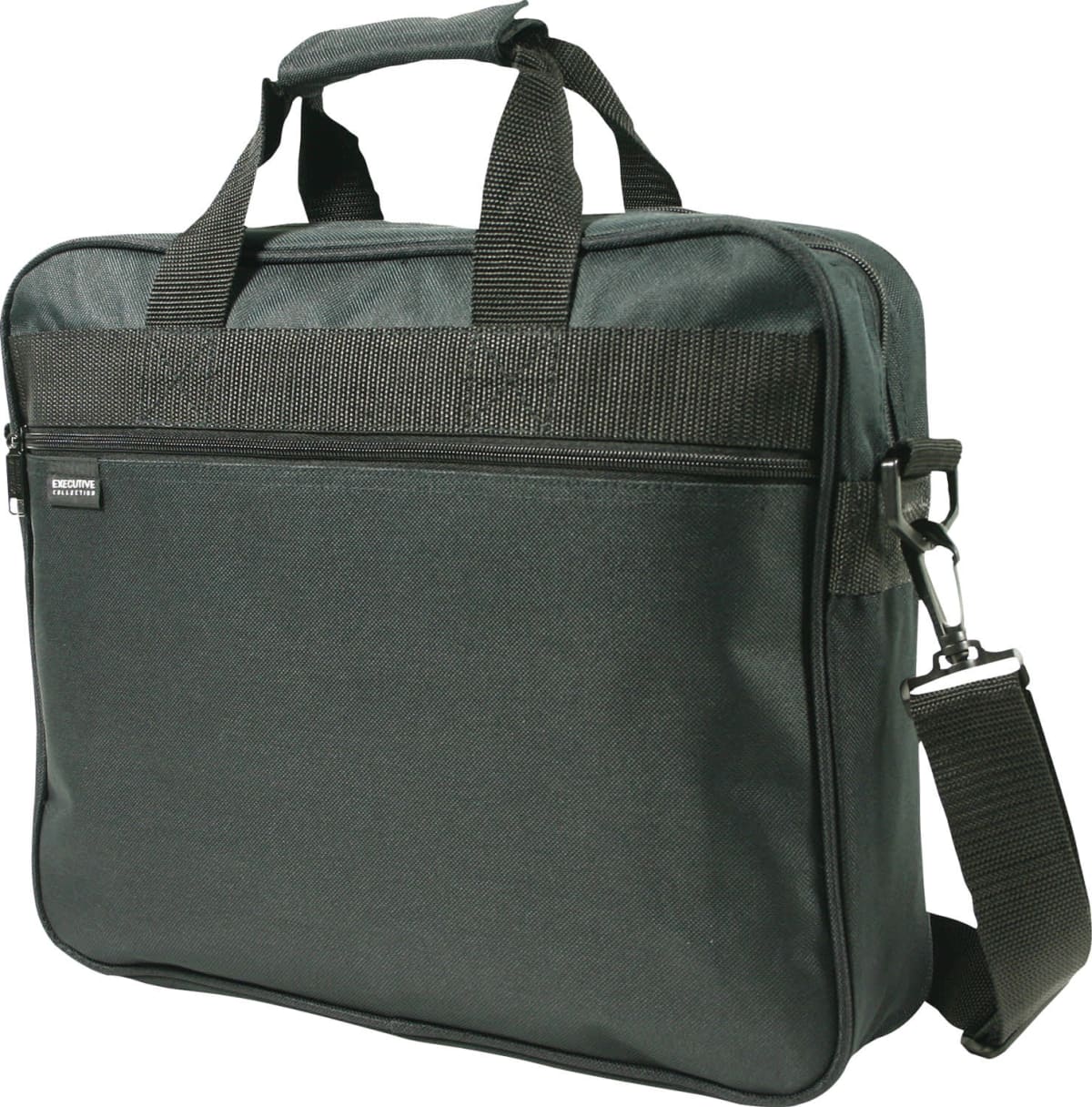 Black fabric laptop bag with two handles and an adjustable shoulder strap. The bag features a front zipper pocket and a textured design, offering a functional and stylish carrying option.