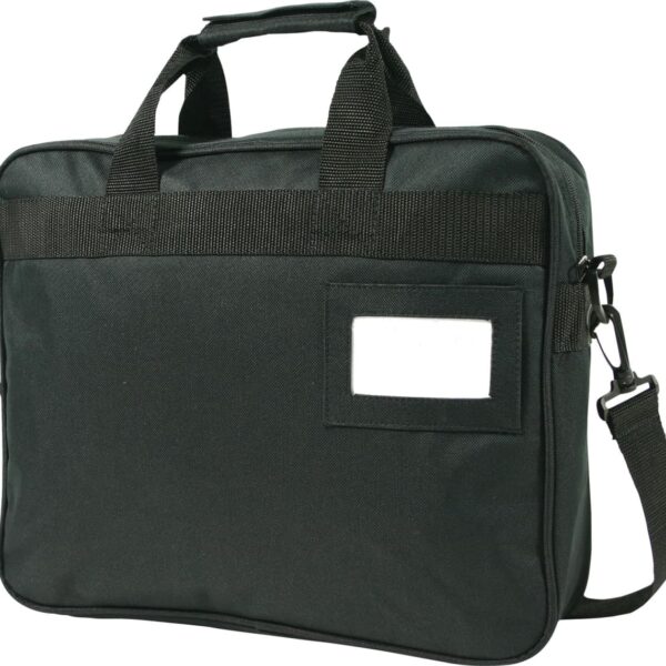 A black briefcase with sturdy handles and an adjustable shoulder strap. It has a rectangular label holder on the front for identification and a zipper closure on top.