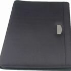 A closed black folder with a smooth texture, featuring a small gray tab on the right side. The folder appears to be made of fabric or synthetic material and is positioned flat against a plain background.
