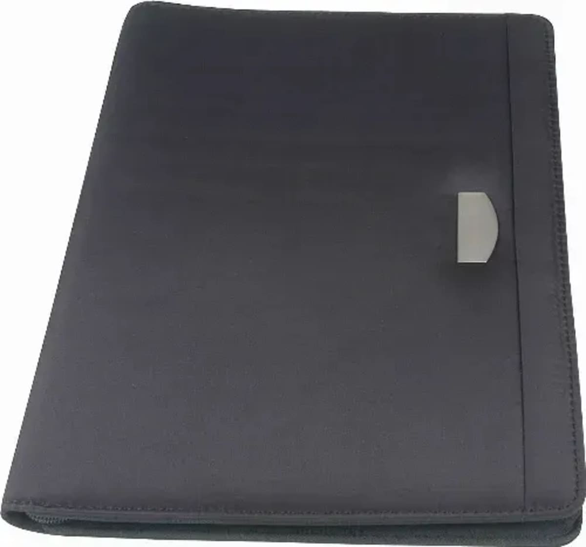 A closed black folder with a smooth texture, featuring a small gray tab on the right side. The folder appears to be made of fabric or synthetic material and is positioned flat against a plain background.