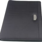 A closed black folder with a sleek design and a small silver metal accent on the right edge.