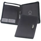 Black leather portfolio folder opened to display interior features including card slots, a pen holder with a silver pen, a pocket for papers, and a writing pad with an orso logo. The left side shows two business cards inserted.