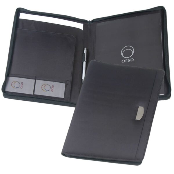 Black leather portfolio folder, open with the contents visible. Inside, theres a writing pad on the right, a pen, and slots for business cards on the left. The design is sleek and professional with a logo that reads Orso.