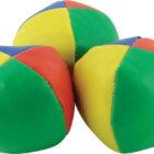 Three colorful juggling balls with panels in red, blue, yellow, and green are grouped together. The balls have a leather-like texture and are positioned on a plain white background.