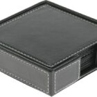 A black square coaster set with white stitching along the edges. The coasters are neatly stacked inside a matching black holder, with an open side for easy access.