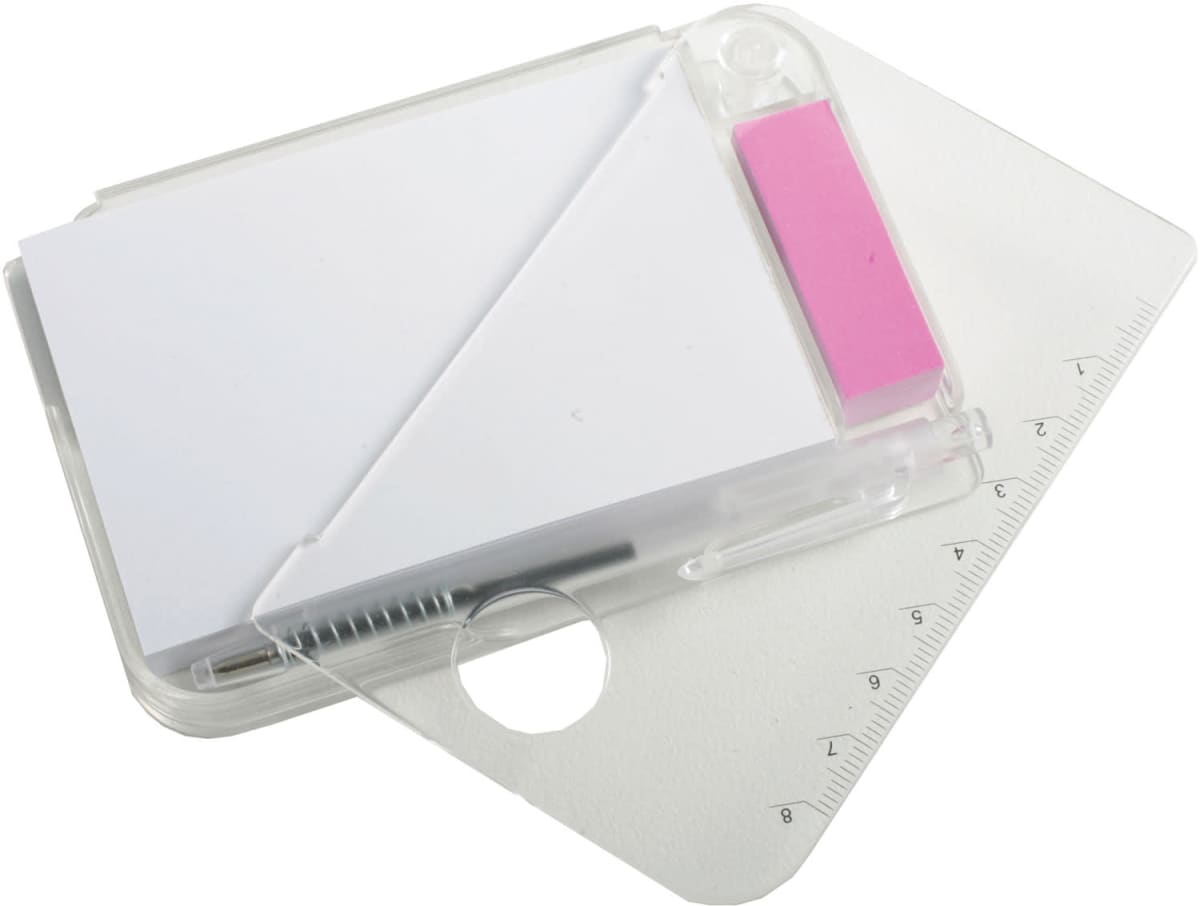 A clear, triangular plastic ruler with integrated notepad and pink eraser, featuring measurement markings up to 10 centimeters on one edge.