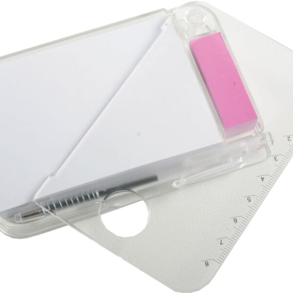A compact geometric set featuring a protractor, a ruler with measurements, a pink eraser, and small sheets of white paper, all encased in a transparent plastic holder.