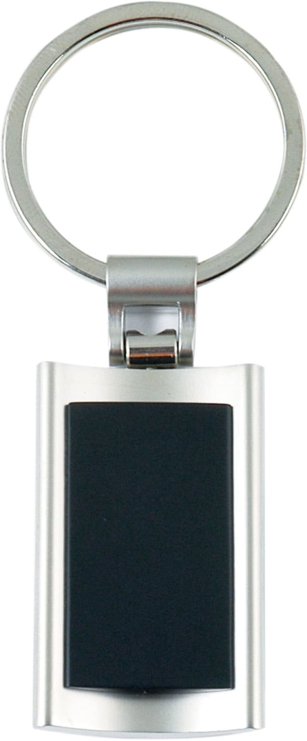 A silver keychain with a rectangular black center is shown. The keychain features a circular metal loop at the top for attaching keys.