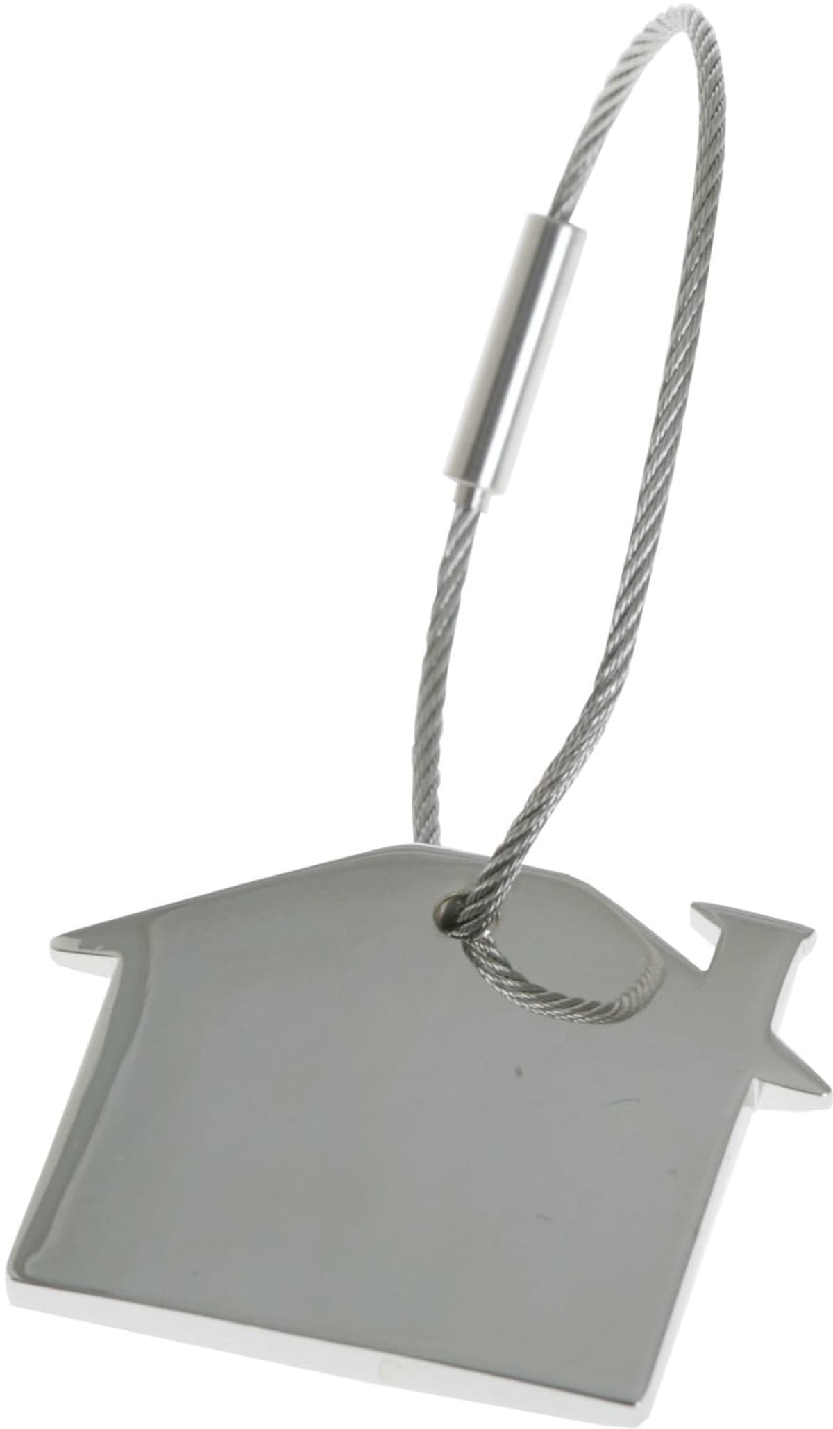 A silver, house-shaped keychain with a looped metal cable attached at the top, resembling a stylized home with a chimney on the right side. The surface is smooth and reflective.