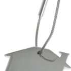 A silver metal keychain shaped like a house with a short chimney. It is attached to a looped cable with a metal clasp.