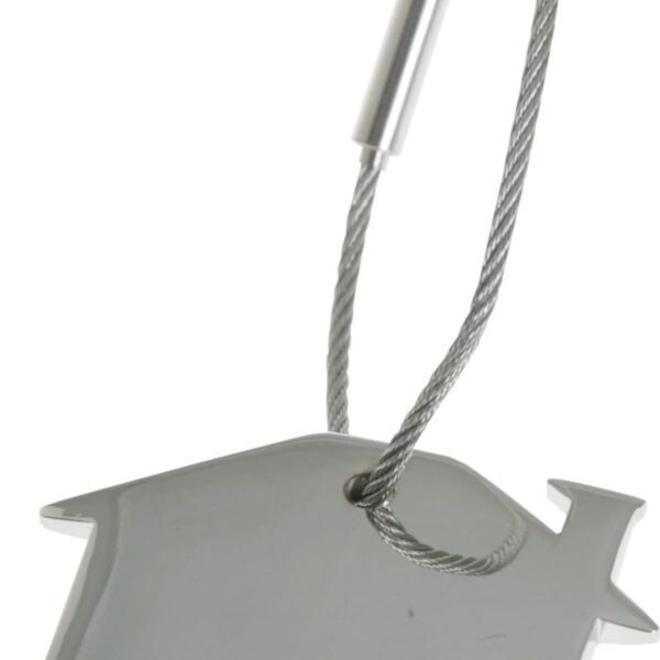 A silver metal keychain shaped like a house with a short chimney. It is attached to a looped cable with a metal clasp.