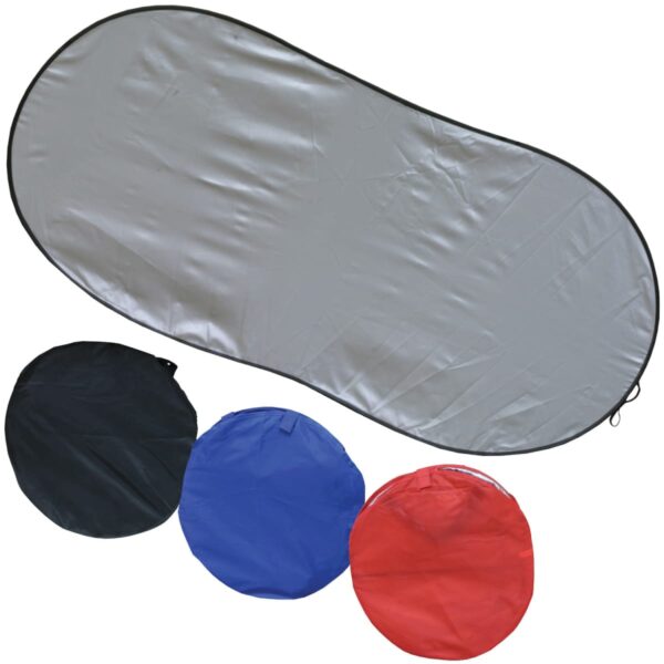 A collapsible car sunshade, silver in color, is displayed above three folded circular fabric cases in black, blue, and red.