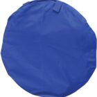 A round, blue zippered bag is shown against a white background. The bag is slightly wrinkled, with a handle on top and appears to be made from a lightweight fabric.