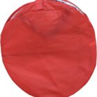 A round red fabric cover, resembling a tire bag or protective case. The material appears slightly wrinkled, with a handle or strap on the top edge and reflective strip details visible along the rim.