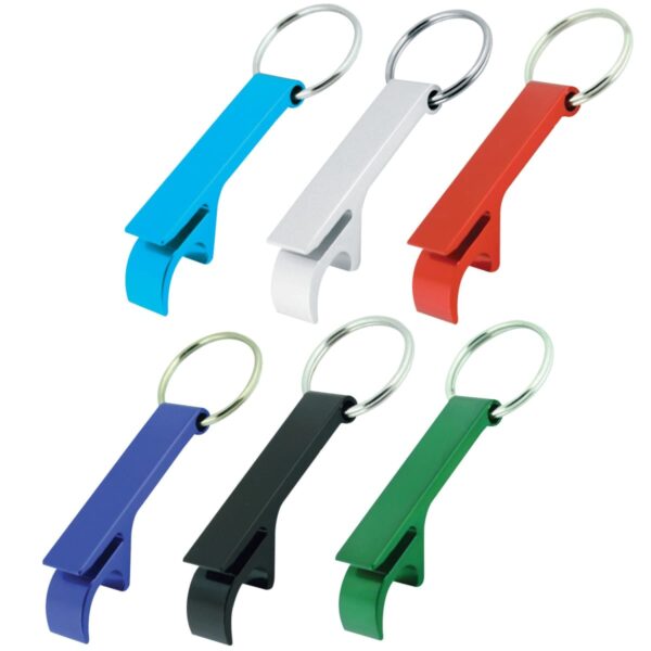 Six keychain bottle openers in various colors: blue, white, red, purple, black, and green. Each opener has a simple rectangular design with a metal key ring attached.
