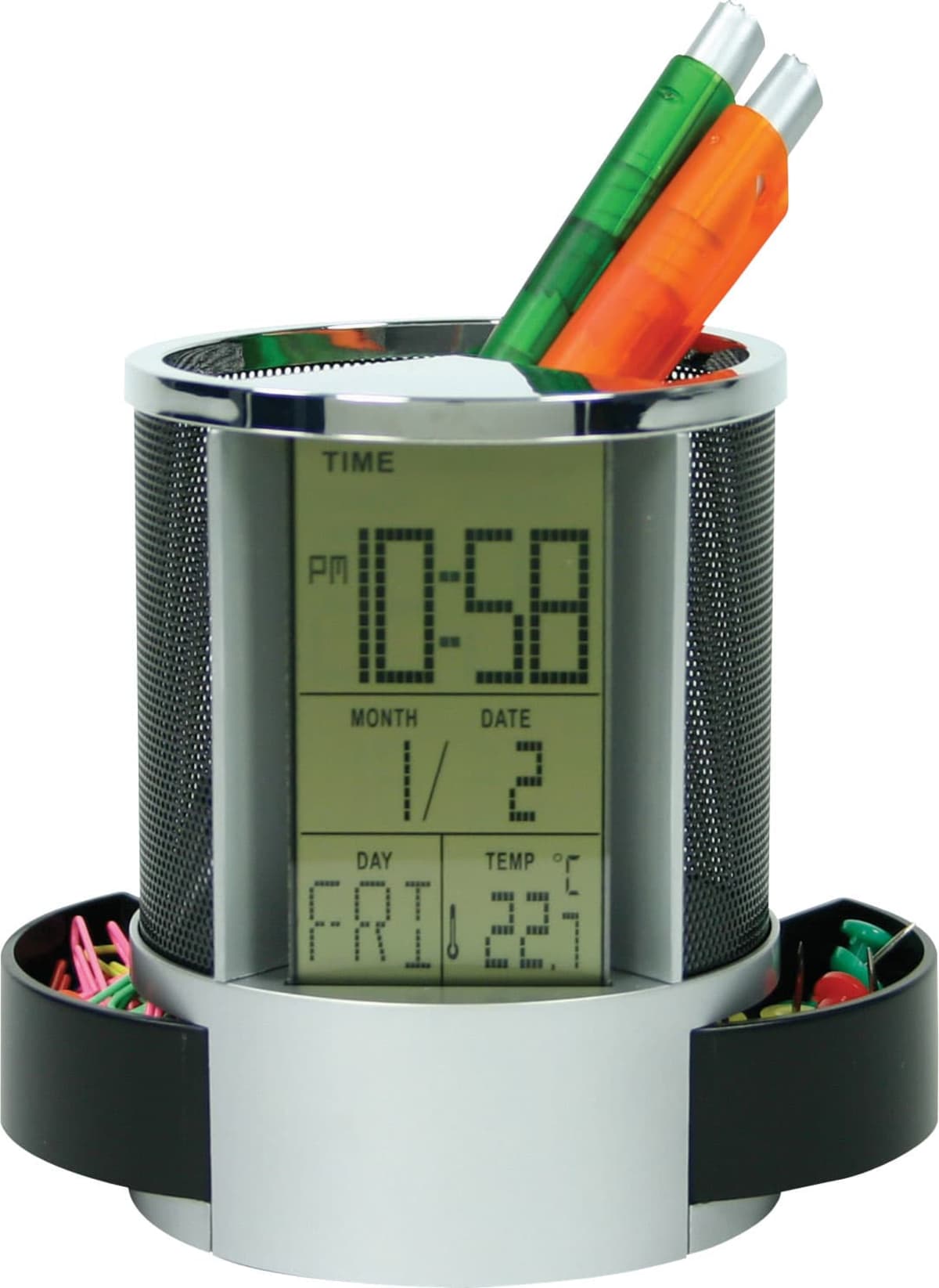A silver and black pen holder with digital clock display, showing time, date, and temperature. It holds two green pens and an orange pen. The base features small storage compartments containing colorful paper clips.