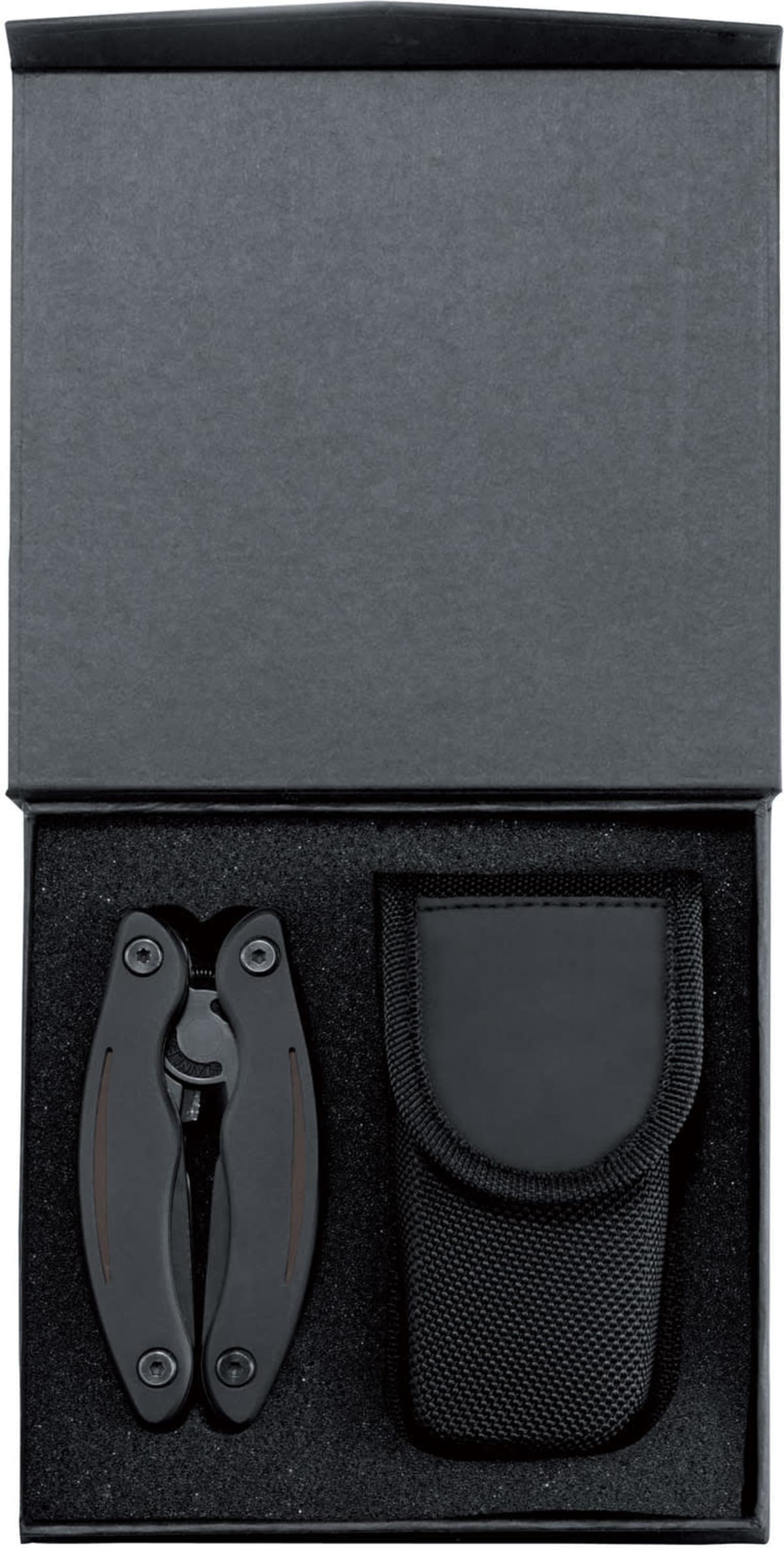 A black multi-tool and a matching black carrying pouch are neatly placed in a black foam-lined box. The multi-tool is folded, and the box lid is open, showing the contents clearly.