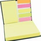 An open notepad with sticky notes in various colors. The left side has a large yellow pad, and the right side features smaller pink, orange, yellow, and green sticky tabs.