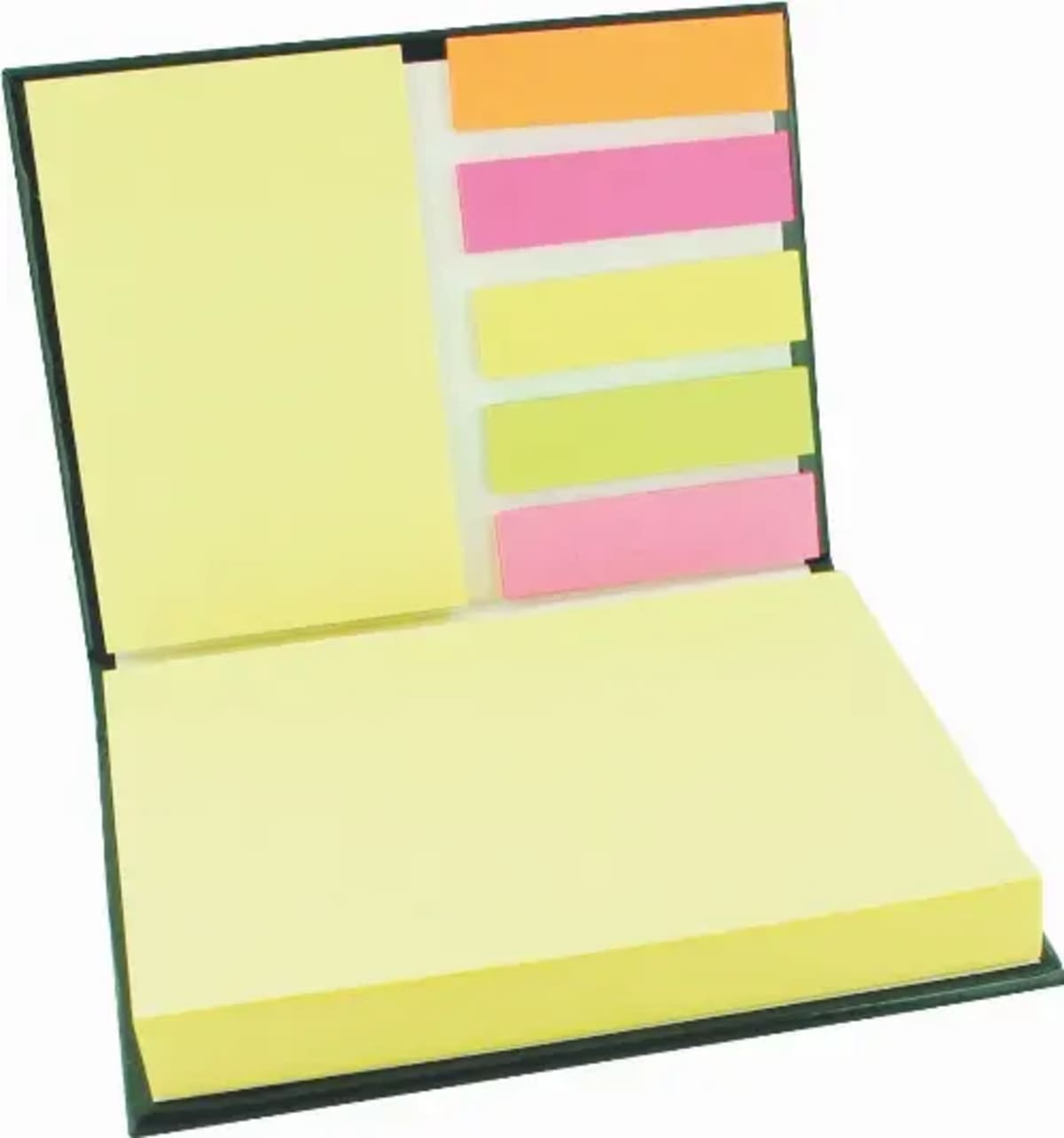 An open notepad with sticky notes in various colors. The left side has a large yellow pad, and the right side features smaller pink, orange, yellow, and green sticky tabs.