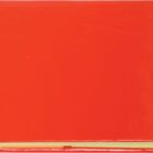 A closed, bright orange rectangular book with a smooth cover is centered against a white background. The books cover is plain, without any text or imagery, and some pages are slightly visible along the bottom edge.
