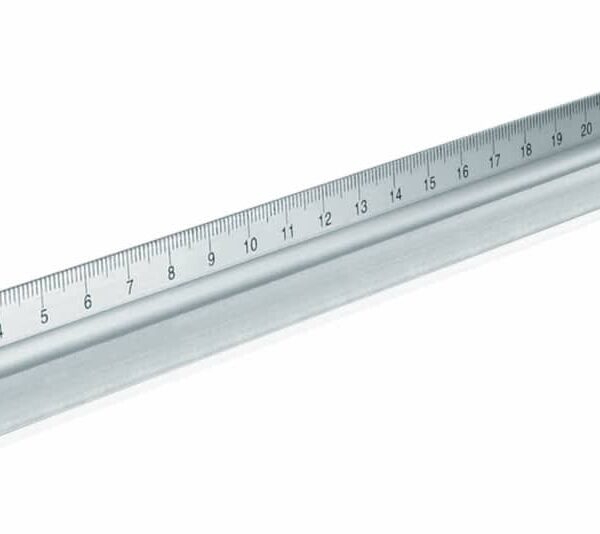 A silver, triangular architects scale with three sides displaying different units of measurement. The numbers and lines are clearly marked for precision drafting or architectural work. The scale is placed on a white background.