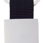 A keychain featuring a silver ring attached to a black fabric loop, with a rectangular white plastic or metal piece as a holder. The design is simple and minimalistic.