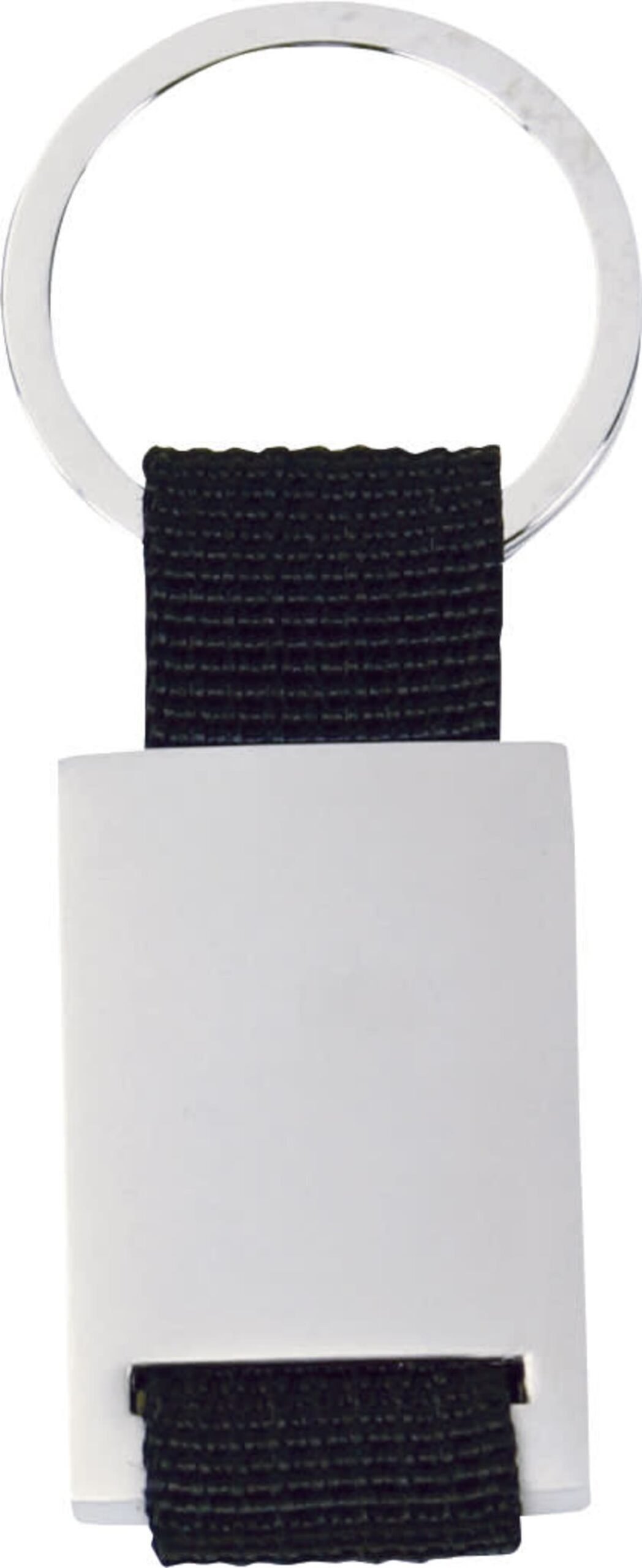 A keychain featuring a silver ring attached to a black fabric loop, with a rectangular white plastic or metal piece as a holder. The design is simple and minimalistic.