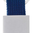 A keychain with a round metal ring attached to a rectangular metal plate. The plate is connected to the ring by a blue woven strap, which also extends out from the bottom of the plate.