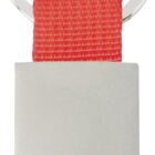 A silver metal keychain with a red fabric loop. The metallic portion is rectangular and shiny, attached to a round keyring at the top. The red fabric forms a loop beneath the metal section.