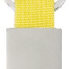 Silver metal keychain with a rectangular base attached to a yellow woven fabric strap. The top of the strap loops through a circular ring for holding keys.