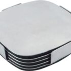 A stack of square metal coasters with rounded corners is neatly placed in a matching metal holder. The coasters have smooth, flat surfaces and are uniformly aligned in the holder.