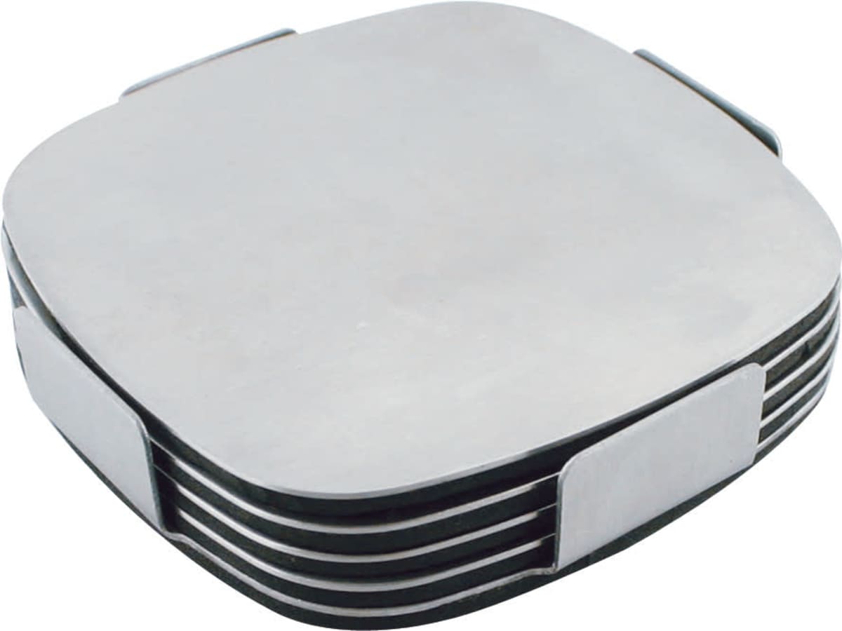 A stack of square metal coasters with rounded corners is neatly placed in a matching metal holder. The coasters have smooth, flat surfaces and are uniformly aligned in the holder.