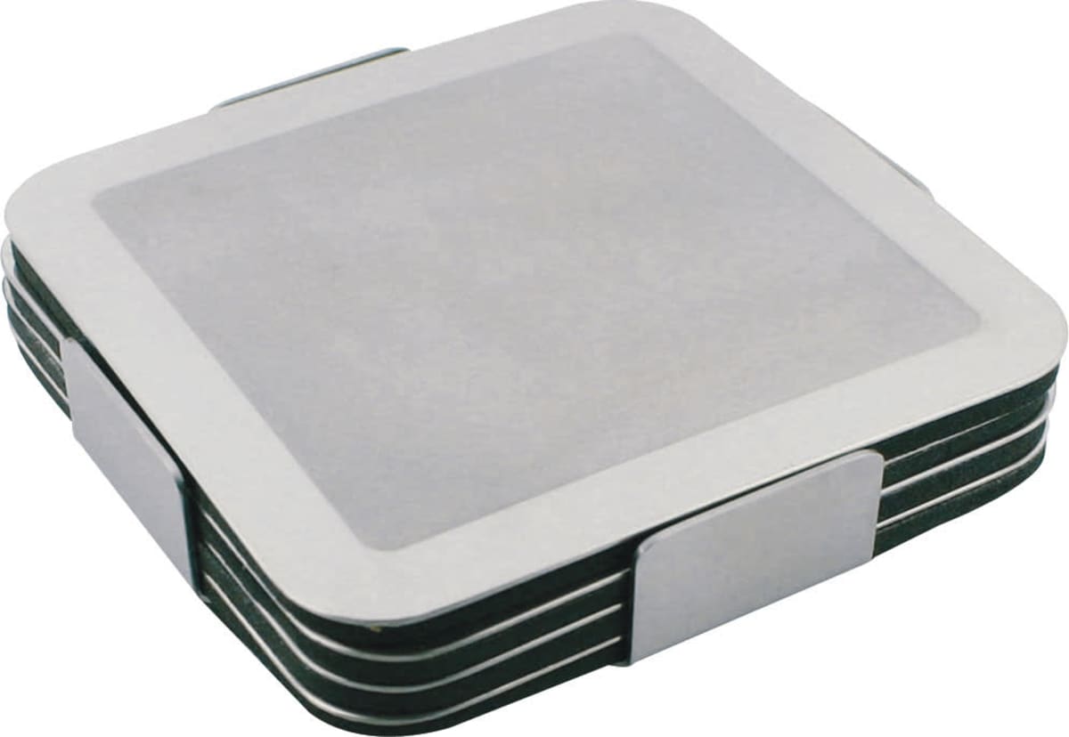 A stack of square coasters with metal edges and black centers, neatly aligned on top of each other. The coasters have a modern, minimalist design with rounded corners.