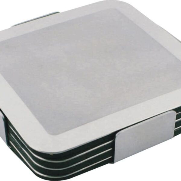 A stack of square drink coasters with a metallic holder. The coasters have a sleek, modern design, featuring a grey surface and rounded corners.