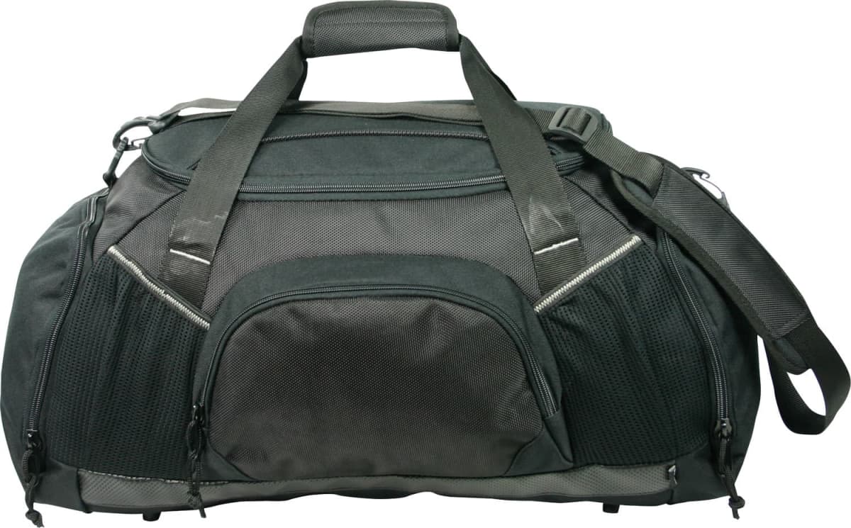 A large black and gray duffel bag with multiple pockets and a zippered main compartment. It has two handles and a detachable shoulder strap. The bags design features subtle texture and stitching details.