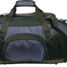 A blue and black duffel bag with multiple zippers and pockets. It has a top handle, side handles, and an adjustable shoulder strap. The bag is spacious and appears suitable for travel or sports activities.