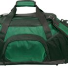 A green and black duffel bag with multiple compartments and a shoulder strap. The bag features sturdy handles and zippers, suitable for travel or sports use.