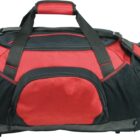 A red and black duffel bag with multiple zippered compartments. It features a padded handle and an adjustable shoulder strap. The bag is designed for travel or gym use.