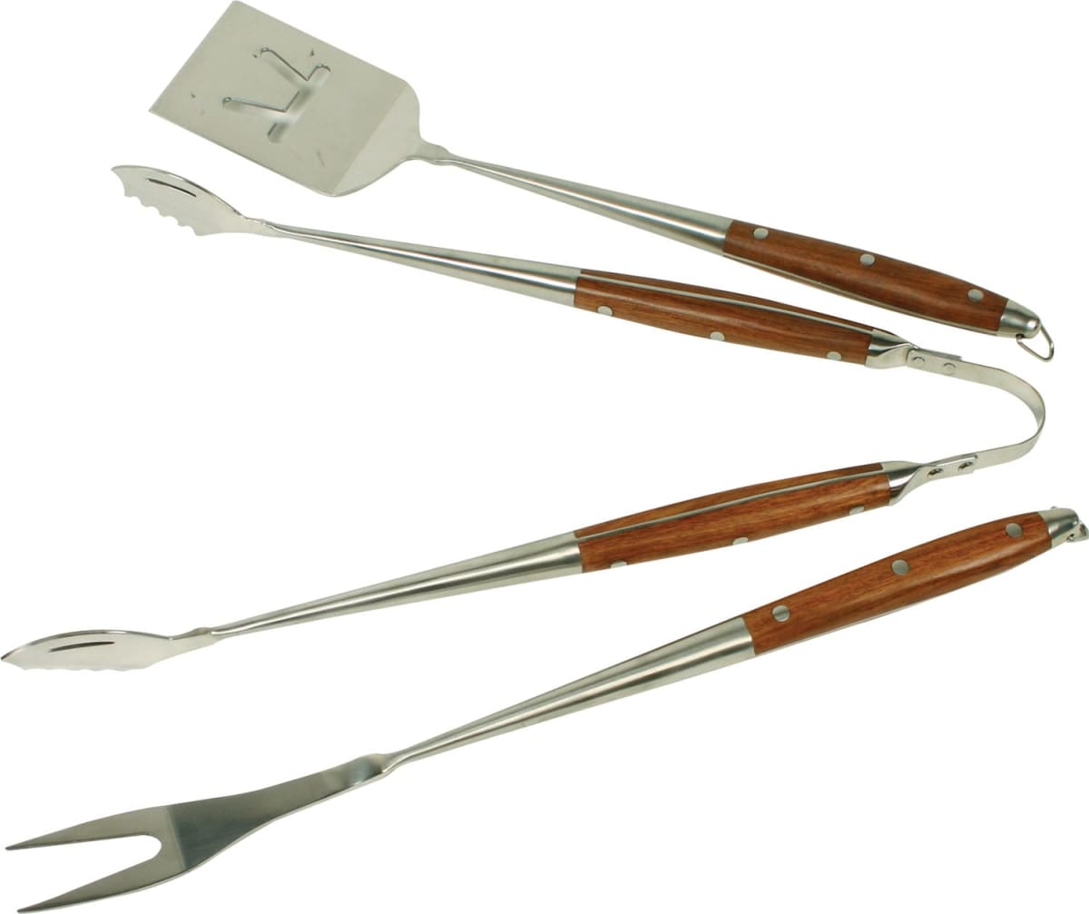 Set of three barbecue grilling tools with wooden handles: a spatula with a bottle opener, a pair of tongs, and a fork. All tools are laid out against a plain white background.