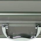 A rectangular silver briefcase with rounded corners and a metallic finish. It has a sturdy handle and two secure latches on the front. The design is sleek and modern.