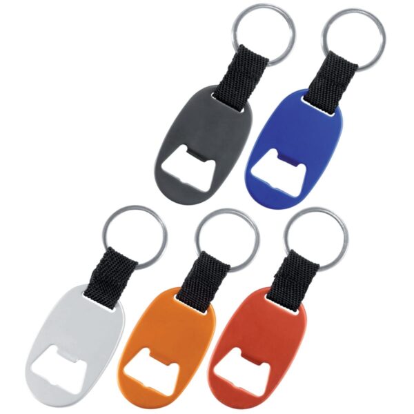 Five keychain bottle openers with metal rings and woven straps. The openers are in black, blue, silver, orange, and red colors. Each has a cutout designed for opening bottles. The arrangement is two at the top and three at the bottom.