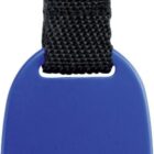 A blue plastic bottle opener with a metal ring and black woven strap. The opener has a flat oval shape and a cutout for opening bottle caps.